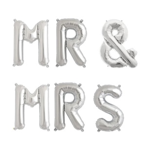 Set Baloane din Folie Metalizata, Figurine Litere, Model MR&MRS, Tema Nunta, 40 cm, Baloane Party, Ambalaj Individual, Pai inclus, Umflare cu Aer sau Heliu, Argintiu