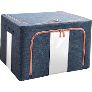 Cutie de Depozitare Pliabila, Cu Fermoar, 100 L, Textil, 60x42x40 cm, Cadru Metalic, Suport Baza Stabil din Plastic, Albastru Marin cu Doua Ferestre