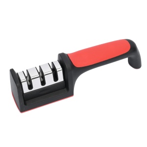 Dispozitiv pentru ascutit cutite, cu 3 pozitii, rosu/negru, material inox si ABS, 21.5x5x6 cm