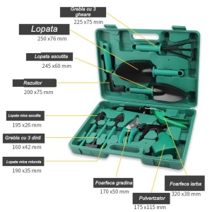 Set 10 accesorii pentru gradinarit , geanta depozitare inclusa, otel inoxidabil, 37 x 28 cm, verde - Img 2