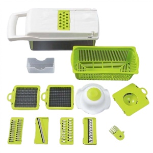 Feliator Multifunctional, Razatoare, 8 in 1, pentru Fructe si Legume, 10 Piese, Lame de Inox, Recipient Stocare, Separator Oua, Protectie Mana, ABS, 32.2x11.3 cm, Albastru/Alb - Img 5