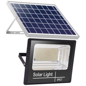 Proiector LED/Lampa solara de exterior 15 cm x 12 cm, Rezistent la Apa IP67, cu Panou Solar, 100 LED SMD, 30W, Senzor de lumina, Timer, cu Telecomanda, 2 moduri de iluminat, kit montaj inclus, Lumina Rece