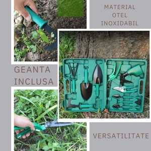 Set 10 accesorii pentru gradinarit , geanta depozitare inclusa, otel inoxidabil, 37 x 28 cm, verde - Img 3