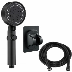 Set 3 elemente pentru dus, para de dus moderna + furtun flexibil + suport pentru perete, culoare Neagra
