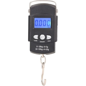 Cantar Digital de Mana cu Carlig, Cantar Portabil, Pescuit, cu Maner, Capacitate 50 kg, cu Metru Incorporat, 20.5 x 6 x 2.5 cm, Negru