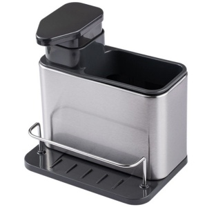 Dispenser Multifunctional, Dozator pentru Detergent, pentru Sapun Lichid, Dezinfectant, cu Suport pentru Ustensile, 18.5 x 18 x 12.8 cm Negru