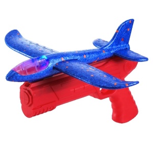 Pistol cu Lansator de Avion, din Polistiren+Plastic, +3 Ani, Avion 24 cm, Lansare 10 m, cu Lumini, Rosu/Albastru
