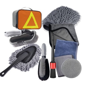Set 10 Piese pentru Spalat Auto,din Plastic si Microfibra, Perii si Lavete, Model C, Gri