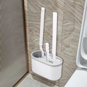 Set 3 Perii pentru Toaleta, din Silicon, Perie Zimtata, Cap Flexibil, Suport Adeziv pentru Montarea pe Perete, 39 x 19 x 9.8 cm, Gri/Alb - Img 2