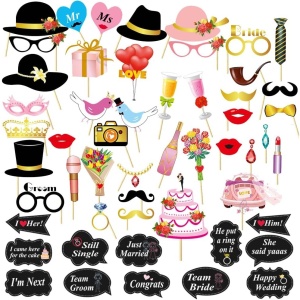 Set 60 de Accesorii pentru Petrecere, Tematica Nunta, Props pentru Coltul de Poze, Ochelari, Palarii, Mustata, Cravata, pentru Evenimente, Multicolor