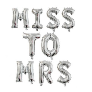 Set Baloane din Folie Metalizata, Model Scris Miss to Mrs, Litere de 40 cm, Tema Iubire, Baloane Party, Ambalaj Individual, Pai Inclus, Umflare cu Aer sau Heliu, Argintiu