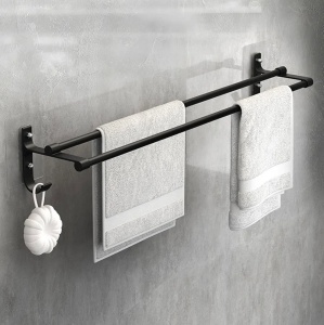 Suport din aluminiu pentru 2 prosoape + 2 cuiere, lungime 60 cm, culoare Neagra - Img 2