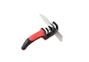 Ascuțitor de cuțite, manual cu 3 nivele, mâner și bază antialunecare, negru/roșu,