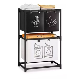 Cos de Rufe, cu 2 Etaje, 3 Cosuri, Cadru de Otel Inoxidabil, 97x28x57 cm, Negru