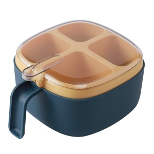 Recipient pentru condimente, 4 casute, potrivit pentru sare, cimbru, piper, condimente, 4 lingurite din plastic, capac din plastic, maner, 14x14x8 cm, alb,roz,albastru - Img 2