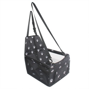 Suport pentru Animalele de Companie, pentru Masina, cu Prindere de Scaun si Centura de Siguranta, Negru cu Imprimeu, 40x32x42cm