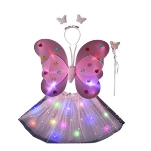 Costum Fluturas cu Aripi Modelabile Luminoase pentru Copii, Fusta din Tul cu Lumini Roz