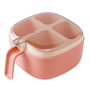 Recipient pentru condimente, 4 casute, potrivit pentru sare, cimbru, piper, condimente, 4 lingurite din plastic, capac din plastic, maner, 14x14x8 cm, alb,roz,albastru - Img 3