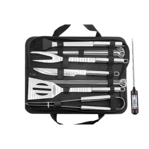 Set 14 Ustensile pentru Gratar cu Termometru, din Otel Inoxidabil, Geanta Oxford, Argintiu