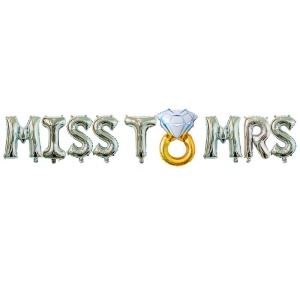 Set Baloane din Folie Metalizata, Model Miss to Mrs cu Inel de Logodna, Litere de 40 cm, Tema Iubire, Baloane Party, Ambalaj Individual, Pai Inclus, Umflare cu Aer sau Heliu, Argintiu