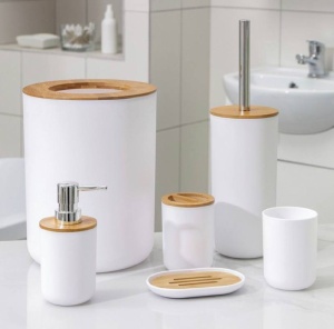 Set Elegant pentru baie format din 6 piese, ABS + lemn, culoare alb/maro - Img 3