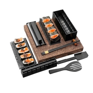 Set ustensile pentru facut sushi 10 piese, forma inima inclus, 3 forme clasice, extensibil, finisaj lucios, material ABS, curatare usoara, negru