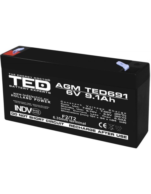 Acumulator AGM VRLA 6V 9,1A dimensiuni 151mm x 34mm x h 95mm F2 TED Battery Expert Holland TED002990 (10)