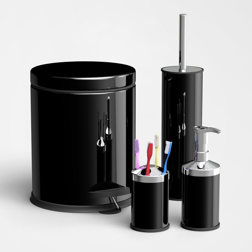 Set 4 accesorii baie negru, cos gunoi, perie WC, suport periute dinti, dozator sapun