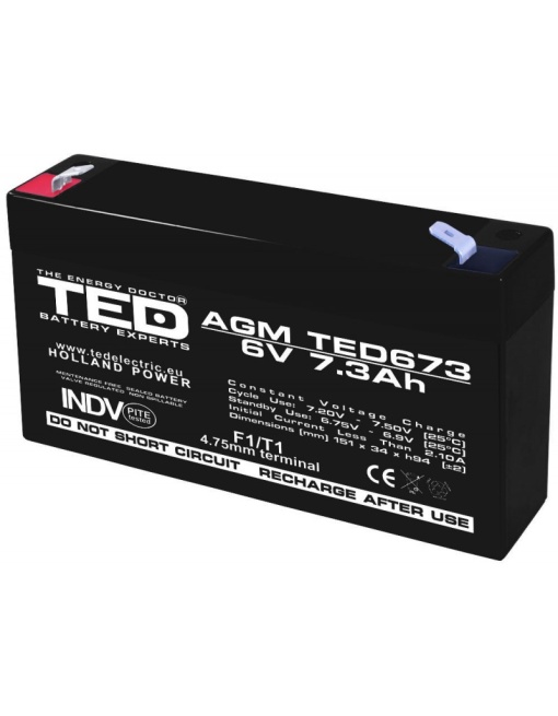 Acumulator AGM VRLA 6V 7,3A dimensiuni 151mm x 35mm x h 95mm F1 TED Battery Expert Holland TED002976 (10)