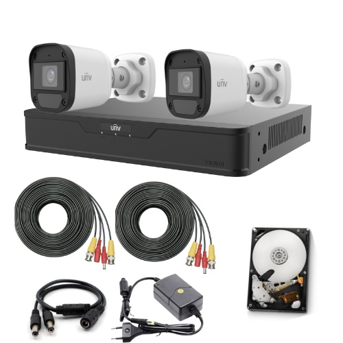 Sistem de supraveghere Uniview cu 2 camere 5MP, Audio, Infrarosu 20m, DVR Hibrid cu 4 canale 5MP, HDD, accesorii