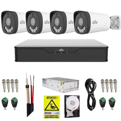 Sistem supraveghere Uniview, 4 camere ColorHunter, 5MP, Dual Light 40m, Microfon, XVR 4 canale, 5MP, Accesorii, HDD 1TB, Autocolant Rovision
