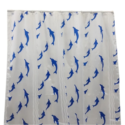 Perdea de dus, poliester, 170x180 cm, alb cu delfini, cu 12 inele de prindere