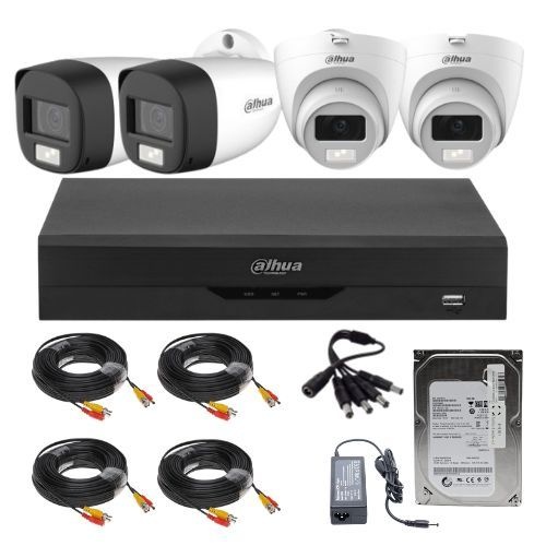 Sistem Supraveghere Mixt Dahua, 2x Bullet 2MP IR + 2x Dome Dual Light 2MP, Microfon Integrat, DVR 4 Canale, HDD 500GB, Accesorii