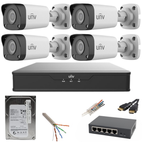 Sistem supraveghere UNV 4 camere IP 5MP IR 30M PoE NVR 4 canale cu accesorii HDD 500GB incluse