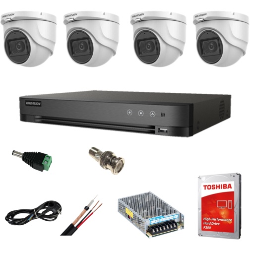 Sistem supraveghere video interior complet Hikvision 4 camere Turbo HD 5 MP 30 m IR accesorii incluse, cadou HDD 1tb