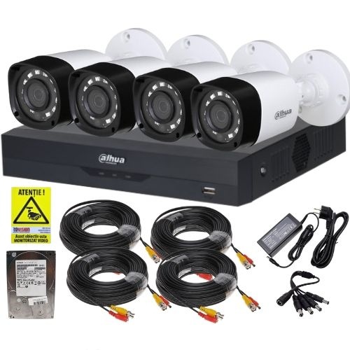 Kit supraveghere complet Dahua 4 camere 2MP IR 20m, DVR 4 canale 5MP WizSense inteligenta artificiala, accesorii, HDD 500GB + Autocolant Rovision