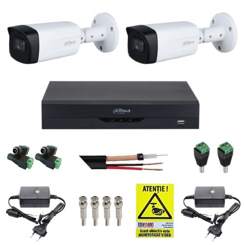 Kit supraveghere Dahua 2 camere 8MP 4K IR 40m Lentila 2.8mm, DVR 4 canale 4K 8MP, accesorii + Autocolant Rovision