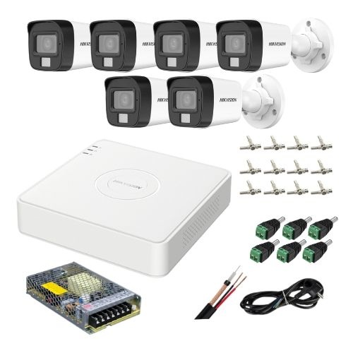 Sistem supraveghere analog Hikvision, 6 camere 5MP dual light audio, DVR 8 canale 6MP, accesorii