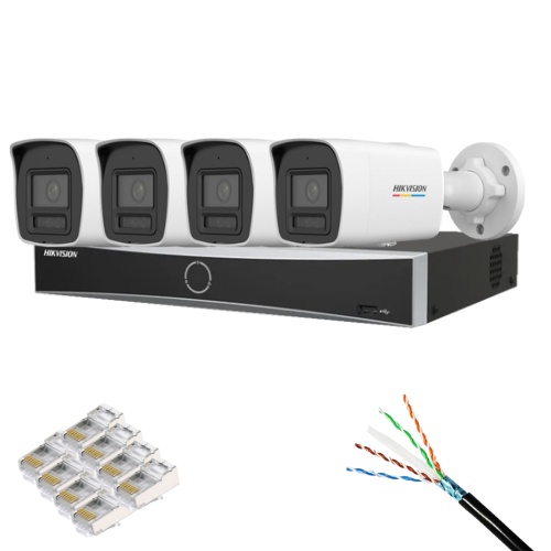 Kit supraveghere Hikvision 4 camere IP 6MP IR/Lumina Alba 30m PoE ColorVu, NVR AcuSense 8 Canale 12MP PoE, Cablu CAT6 FTP Rola 100m si Mufe RJ-45