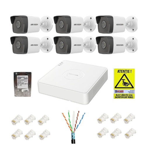 Kit supraveghere IP Hikvision 6 camere 2MP IR 30m PoE Lentila 2.8mm, NVR 8 canale 6MP PoE, accesorii montaj, HDD 1TB + Autocolant Rovision