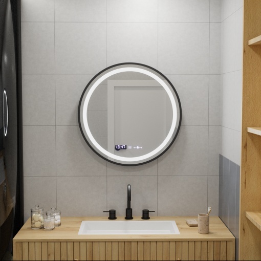 Oglinda LED Rotunda, 60cm, Celeste Majeste Noir MotionGlow Marcello, Sistem Dezaburire, Ceas & Termometru, Dimabila