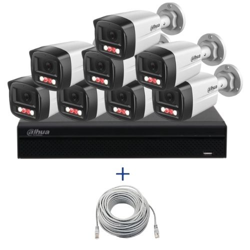 Kit supraveghere IP Dahua 8 camere 4MP Microfon PoE lentila 2.8mm IR 40m Lumina alba 30m, NVR WizSense 8 canale PoE 12MP si cablu UTP CAT5 20m