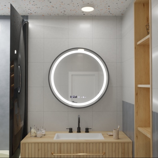 Oglinda LED Rotunda, 80cm, Celeste Majeste Noir MotionGlow Marcello, Sistem Dezaburire, Ceas & Termometru, Dimabila