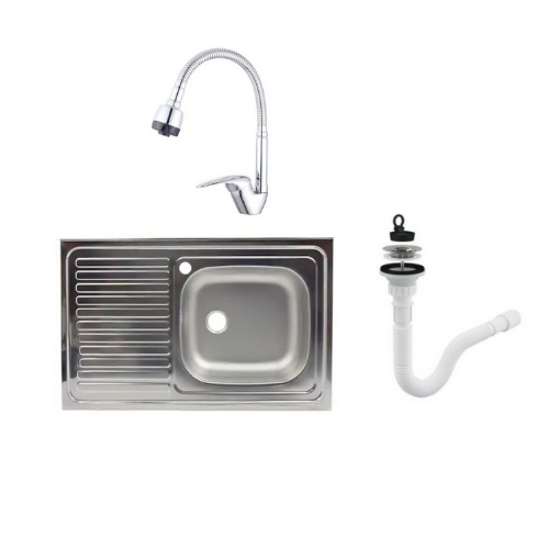 Set chiuveta masca ,inox,cuva dreapta, 80x50 cm, baterie lebada flexibila cu sifon de scurgere - Img 1
