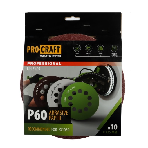 Disc abraziv pentru slefuitor cu excentric KD225.60 PROCRAFT (Set 10 buc)Diametru: 225 mm Granulatie: P60