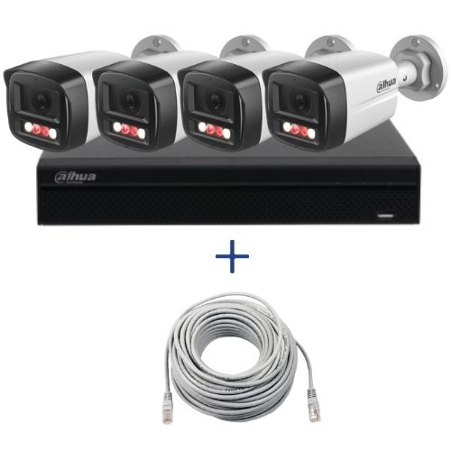 Kit supraveghere Dahua 4 camere 4MP Microfon PoE lentila 2.8mm IR 40m Lumina Alba 30m, NVR WizSense 4 canale PoE 8MP si cablu UTP CAT5 20m