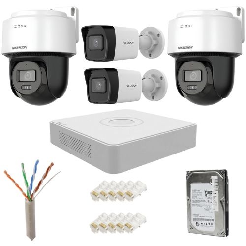 Sistem supraveghere IP complet Hikvision 2 camere fixe + 2 camere rotative 4MP IR/lumina alba Speaker, NVR 8 canale PoE, HDD 500GB