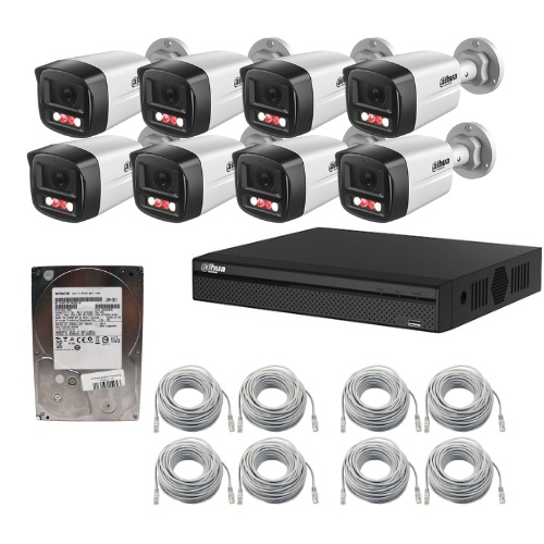 Sistem supraveghere IP Dahua, 8 camere 2MP, Dual Light lumina alba / IR 30m, PoE, microfon, NVR 8 canale POE, 8MP, HDD 1TB, cabluri