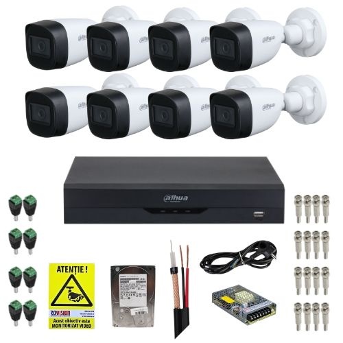 Kit supraveghere complet Dahua 8 camere Starlight 5MP IR 30m Lentila 2.8mm, DVR 8 canale 5MP WizSense, HDD 1TB, Accesorii montaj + Autocolant Rovsion