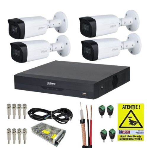 Kit supraveghere Dahua 4 Camere 2MP IR 40m Lentila 2.8mm IP67, DVR 4 Canale 5MP, Accesorii montaj + Autocolant Rovision